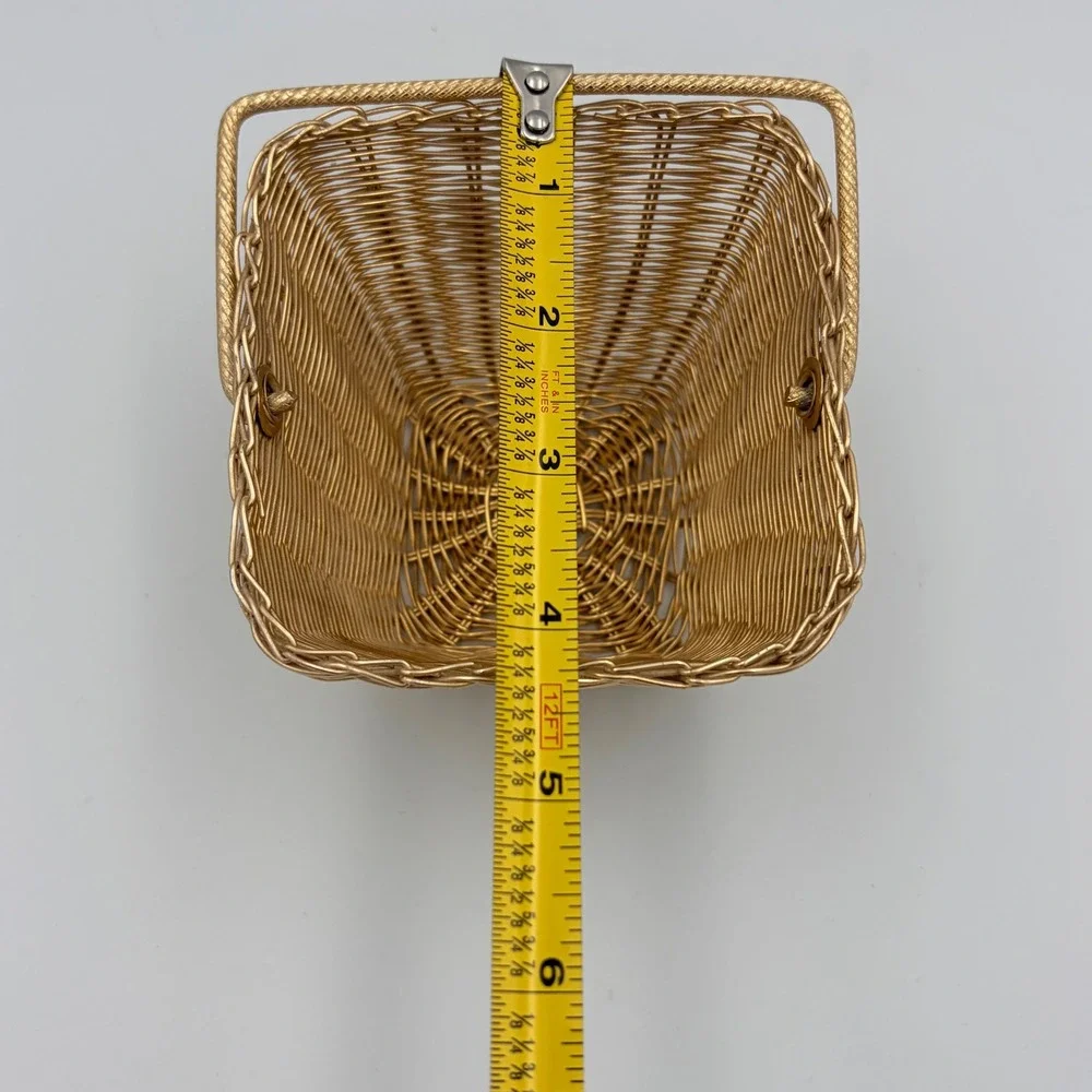 Gold Wire‎ Woven Square Basket With Handle Trinket Candy Storage Organizer